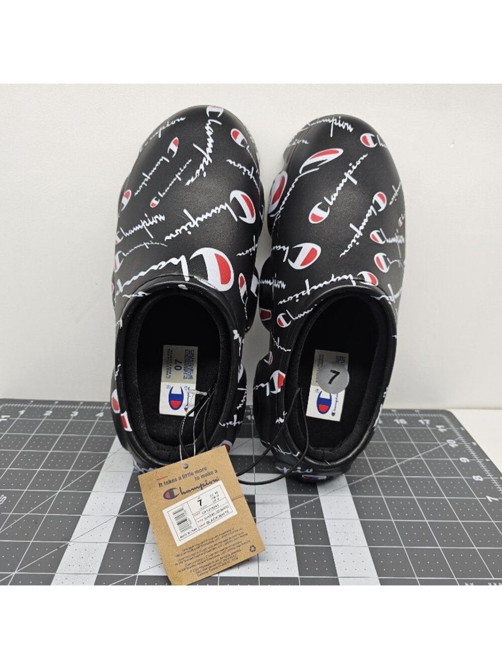 New Champion Super Meloso Warped Slides Black White Youth/ Mens Sz 7 Closed Toe